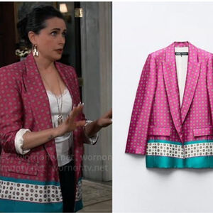 Zara Pink and Teal Patterned Blazer printed satin jacket